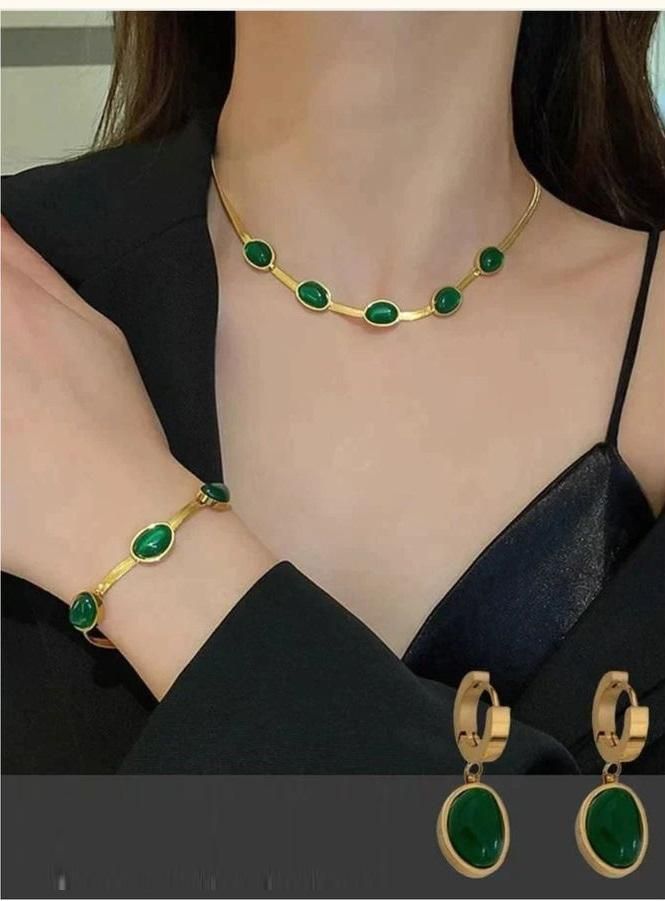 Green Crystal Pendant Necklace Set - Free Bracelet Earrings